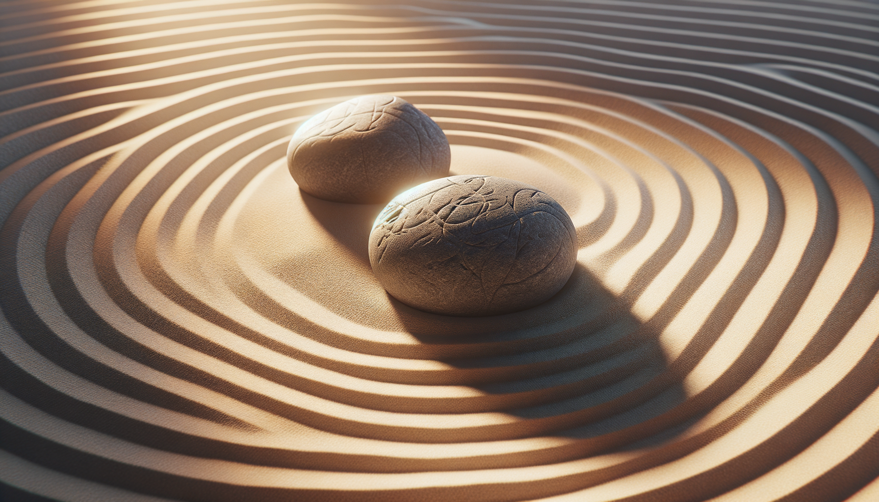 Two smooth, rounded stones on rippled sand with shadows and warm lighting.