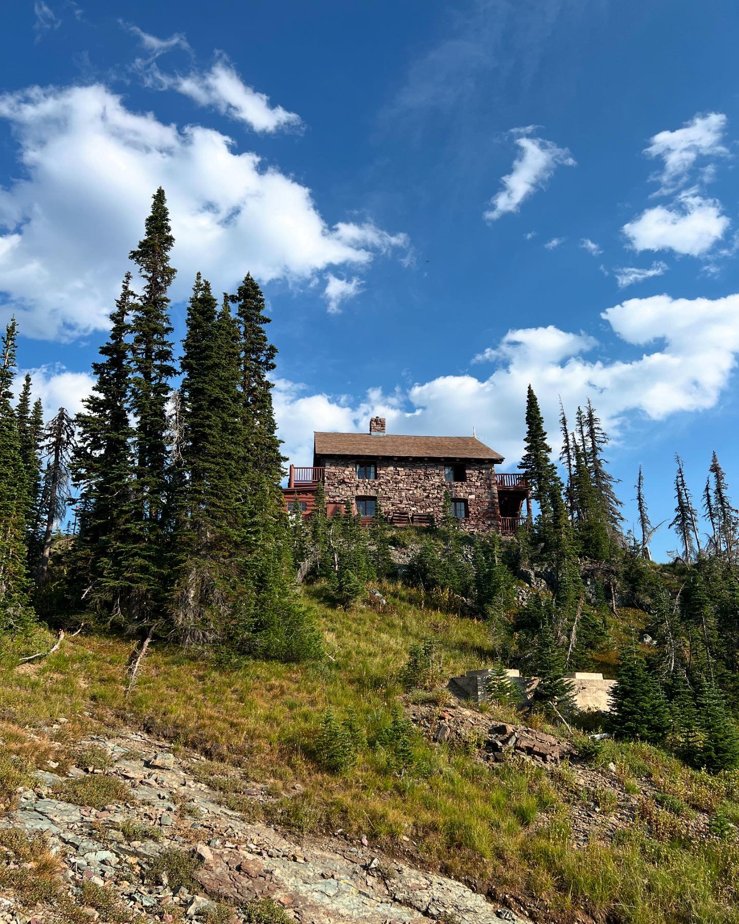 After hiking along the Highline Trail we spent the night at Granite Park Chalet. It was built in 1914 by the Great Northern Railway to provide back country accommodation in Glacier National Park, and can only be reached by trail. Yes that is a bear p