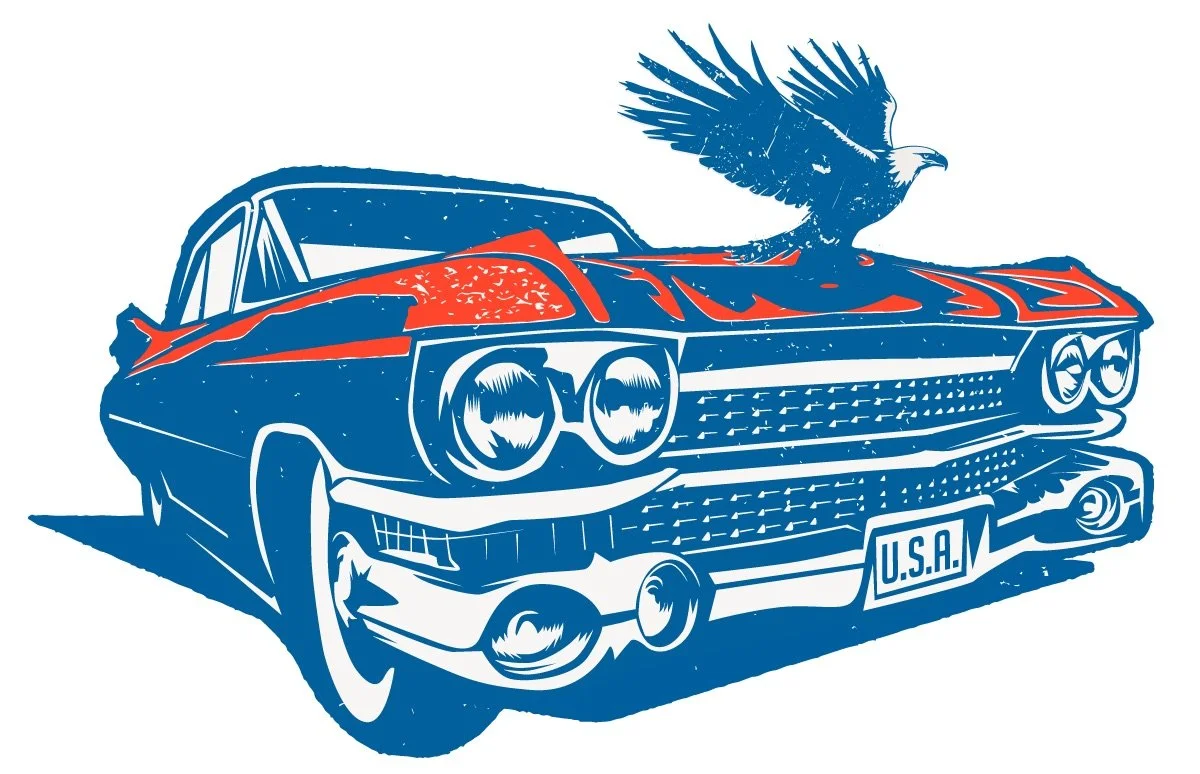 Illustration of a vintage American car with a bald eagle on the hood.