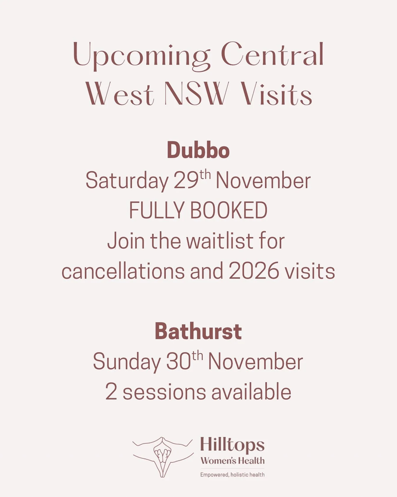 Women of Dubbo and Bathurst (and surrounds), I&rsquo;ll be back to care for you in November 🤍

You can receive care as:
&bull; Internal Pelvic Release Work
&bull; Scar Release Work
&bull; Pregnancy Bodywork
&bull; Postpartum Bodywork

&bull; DUBBO &