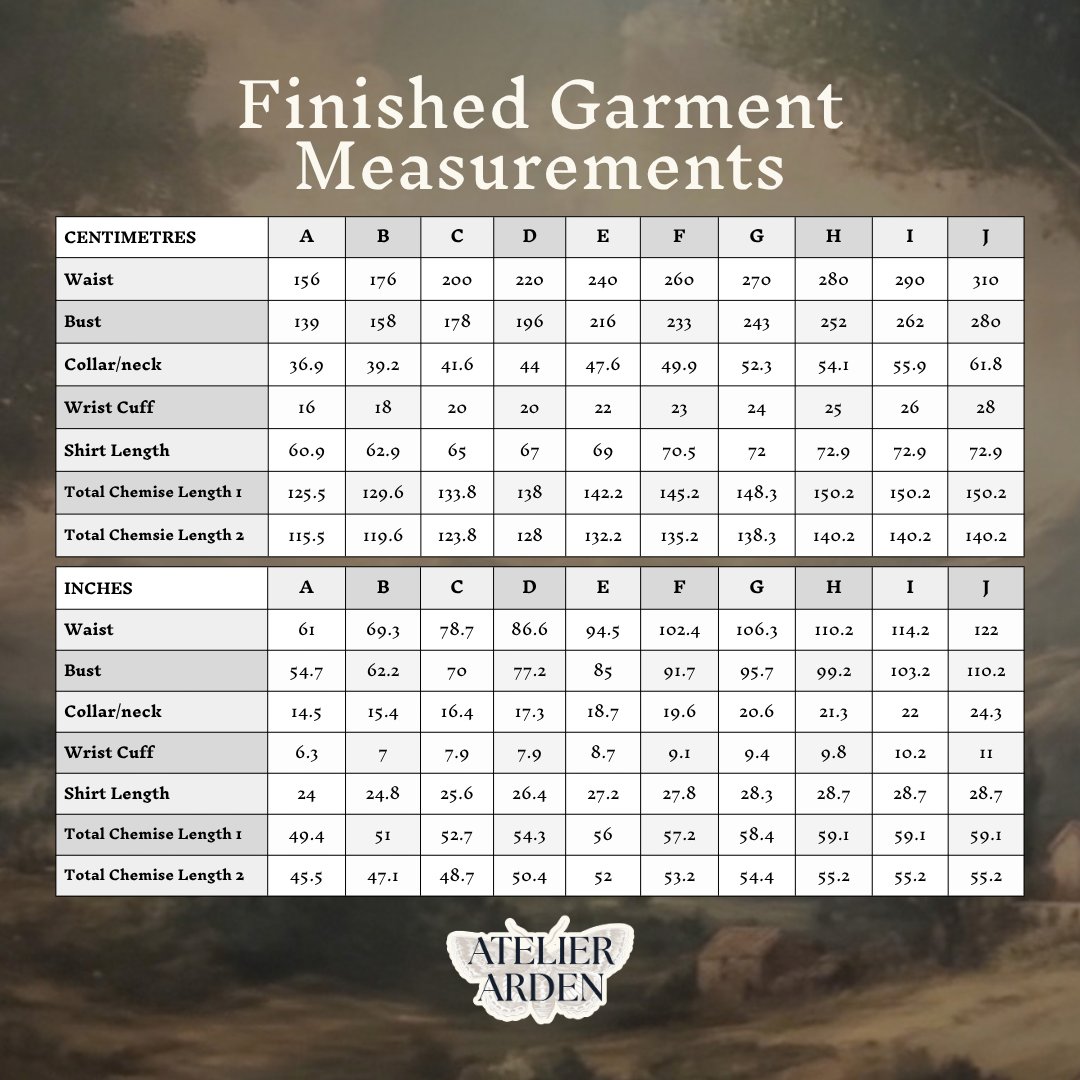 Finished garment measurement tables