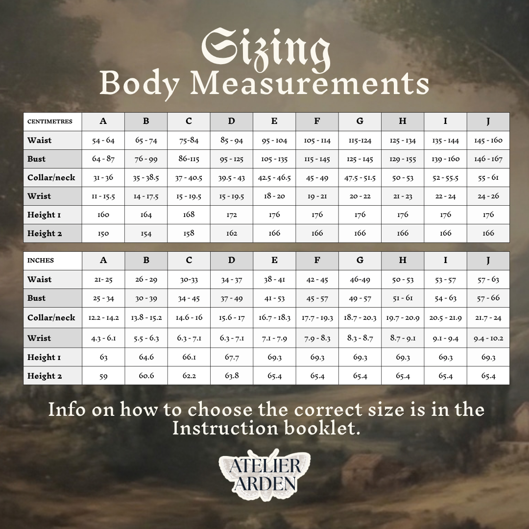 Sizing body measurements - info in the instructions booklet
