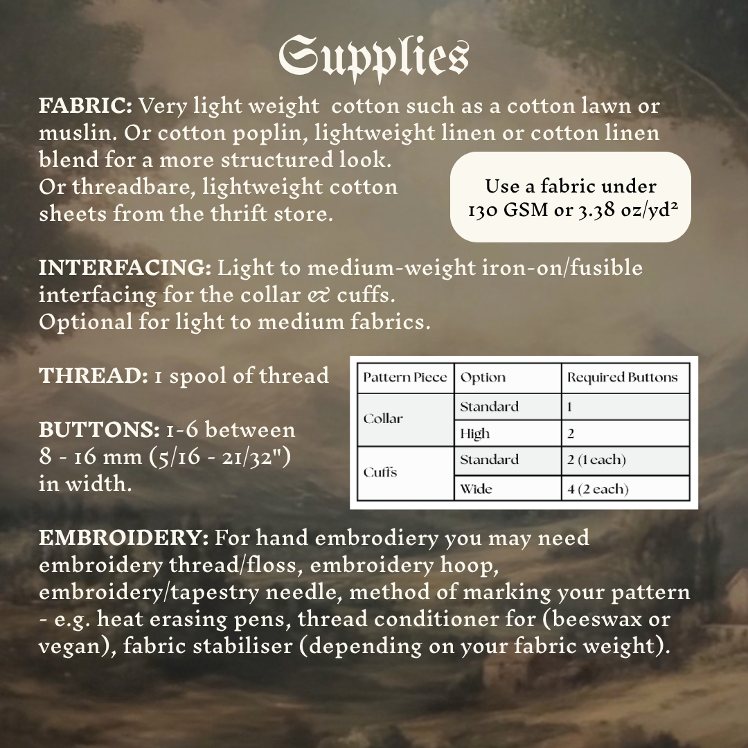 Supplies - FABRIC: Very light weight  cotton such as a cotton lawn or muslin. Or cotton poplin, lightweight linen or cotton linen blend for a more structured look.  Or threadbare, lightweight cotton  sheets from the thrift store. 