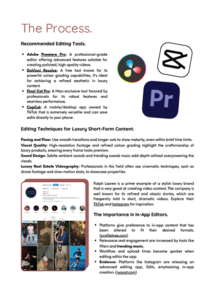 Infographic titled "The Process" detailing recommended editing tools and techniques for luxury short-form content. Tools include Adobe Premiere Pro, DaVinci Resolve, Final Cut Pro, and CapCut. It highlights editing techniques like pacing, visual quality, sound design, and luxury real estate videography. Also emphasizes the importance of in-app editors like TikTok and Instagram, and provides an example of luxury branding with Ralph Lauren.