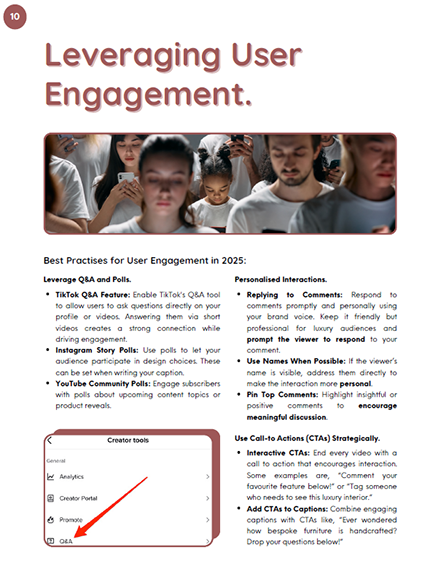 A digital brochure titled "Leveraging User Engagement" features a group of diverse people using phones. It lists best practices for user engagement in 2025, including TikTok Q&A, Instagram polls, and YouTube polls. The text also mentions strategies for personalized interactions and using Call-to-Actions (CTAs) effectively. A screenshot shows a mobile interface with options like Q&A, Analytics, Creator Portal, and Promote.