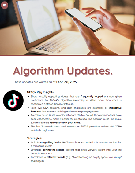 Document titled "Algorithm Updates" discussing TikTok algorithm changes as of February 2025. It includes insights such as preference for frequently looped videos and interactive features like polls. Strategies highlighted involve storytelling hooks, behind-the-scenes content, and relevant trends. Features TikTok logo.