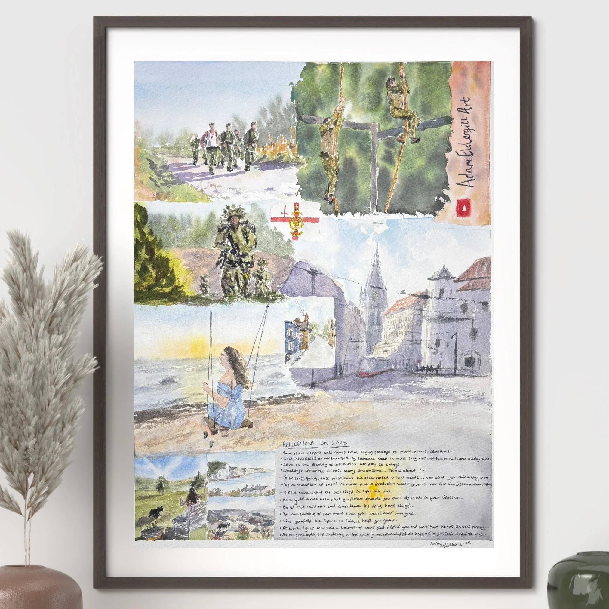 Original watercolor painting collage 'Reflections on 2025' by Adam Eldergill Art. Detailed landscape and figurative vignettes featuring military themes, coastal sunsets, and handwritten philosophical quotes on textured watercolor paper.