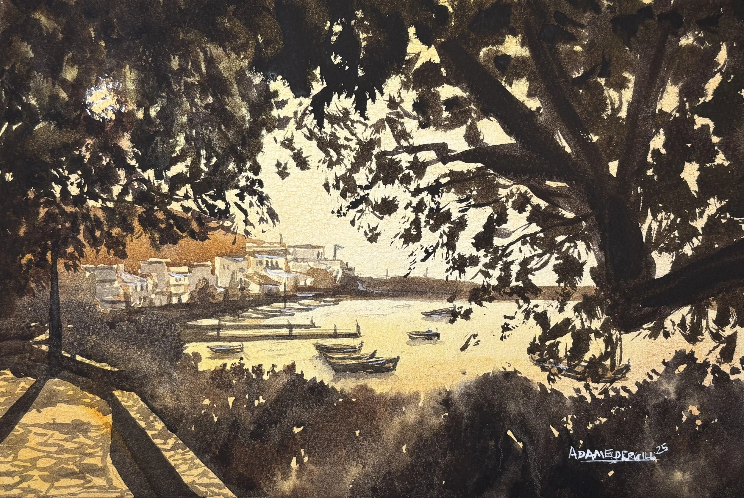 A monochrome and sepia watercolour landscape by Adam Eldergill depicting a tranquil coastal harbour. Several small rowboats are moored in the still water, framed by the dark, textured silhouettes of large overhanging trees in the foreground