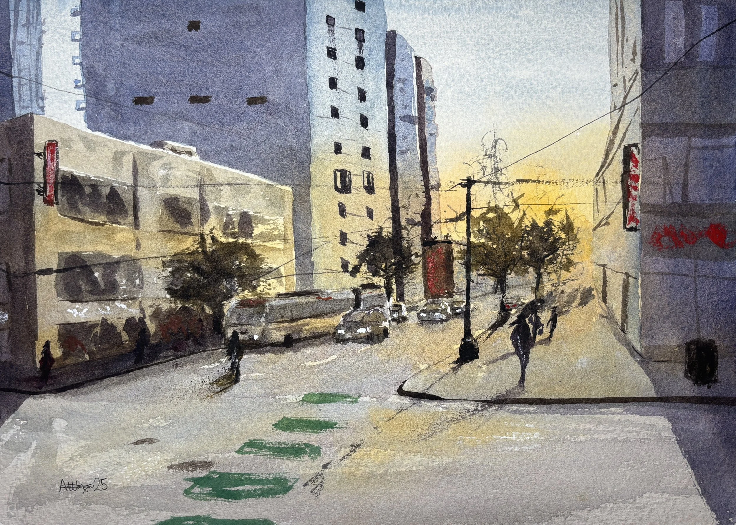 A cityscape watercolour painting by Adam Eldergill titled 'Seattle, 2025,' depicting a street scene at dusk with tall buildings, a city bus, and figures walking. Warm golden light glows from the end of the street, contrasting with cool blue shadows