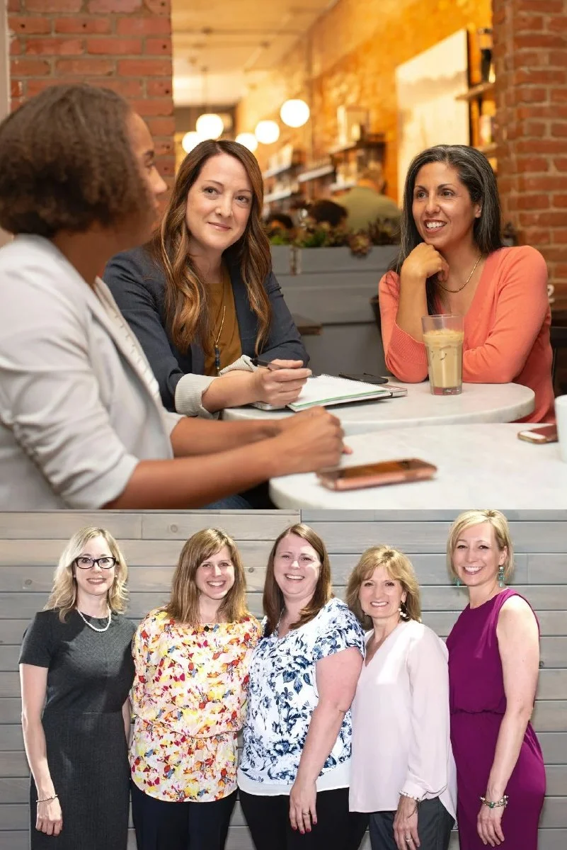 Two women sitting at a table in a cozy, warmly lit cafe interact with a woman with curly hair, wearing a white blazer. In a separate photo, five women stand together against a wooden wall, smiling at the camera.