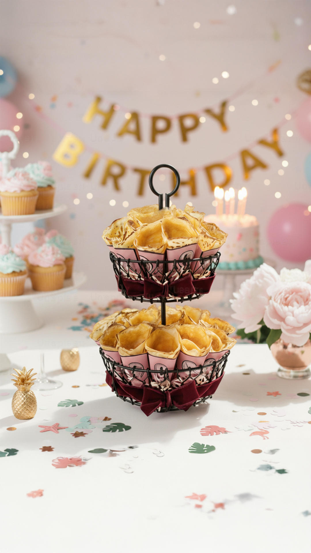 A  Crepe cake decorated with fresh strawberries, blackberries, blueberries, raspberries, and mint leaves.
