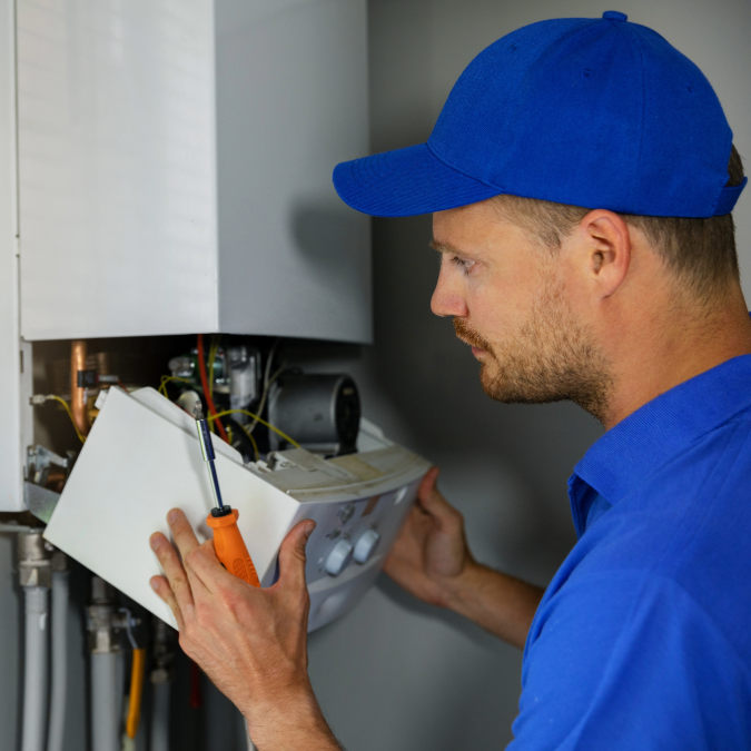 Plumber working fixing a boiler with a screwdriver
