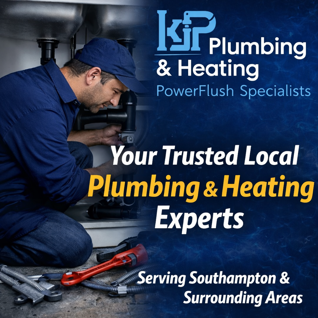 A plumber working under a sink, wearing a blue uniform and cap, with plumbing tools nearby. The image promotes K&P Plumbing & Heating, specialists in plumbing and heating services in Southampton and surrounding areas.