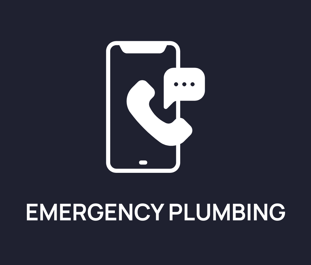 Icon of a smartphone with a phone receiver and dialogue bubble, labeled 'Emergency Plumbing'