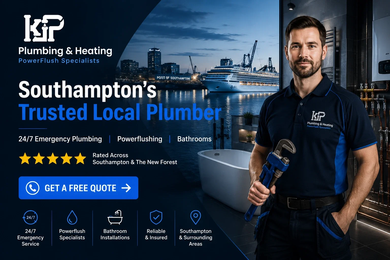 Advertisement for KP Plumbing & Heating featuring a professional plumber holding a pipe wrench, a modern bathroom with a bathtub, a harbor with ships, and text promoting their services in Southampton.