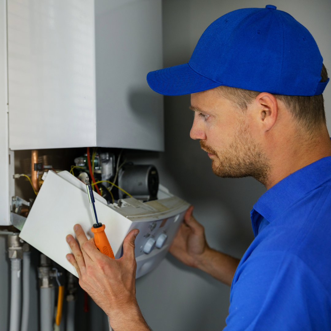 Plumber working on a boiler with a screwdriver