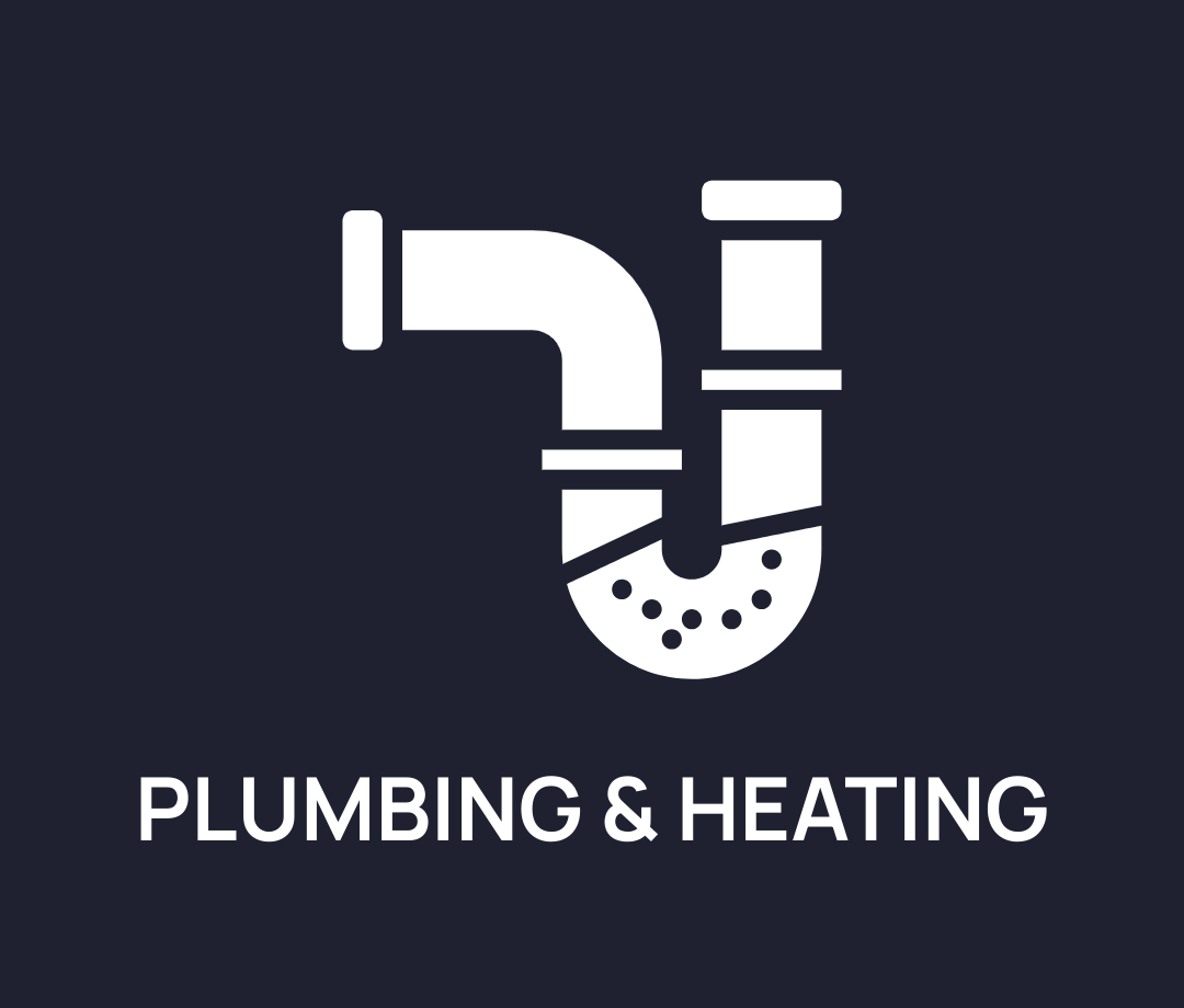 Icon of a plumbing pipe with a drain and the text 'Plumbing & Heating' below, set against a dark background.