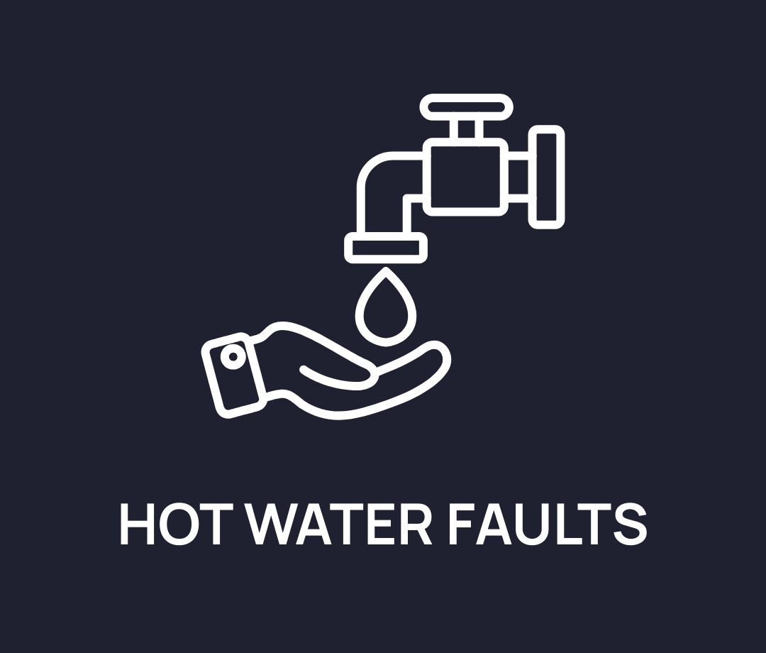 Outline drawing of a hand under a faucet with a water droplet, labeled 'Hot Water Faults'.
