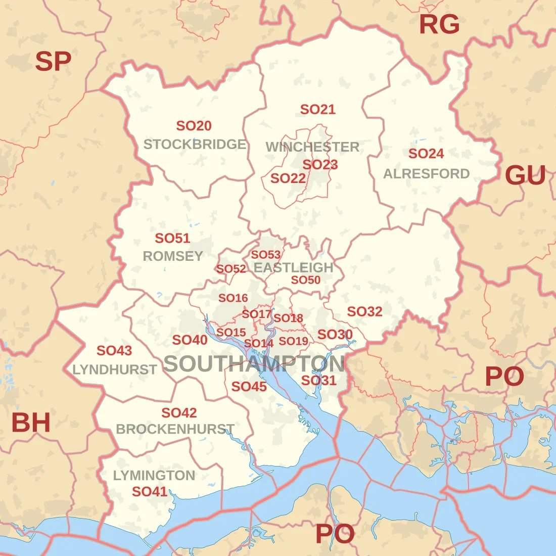 A map of the SO45 hythe Postcodes showing the area KJP covers for plumbing services
