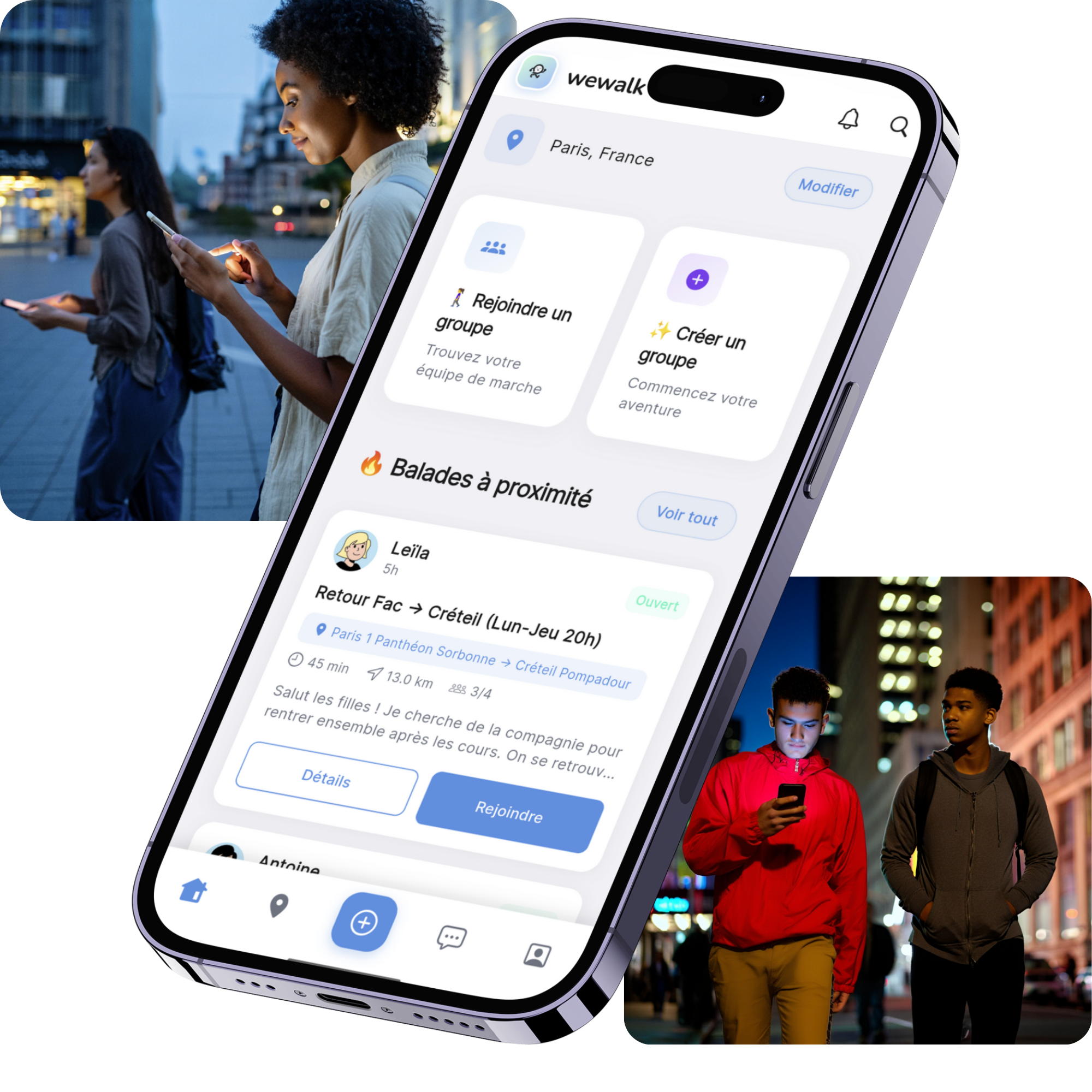 Capture d'écran d'une application de balades et rencontres avec une section pour rejoindre ou créer un groupe, et une liste de balades à proximité, affichant une sortie à Crétel avec des détails et un bouton pour rejoindre.