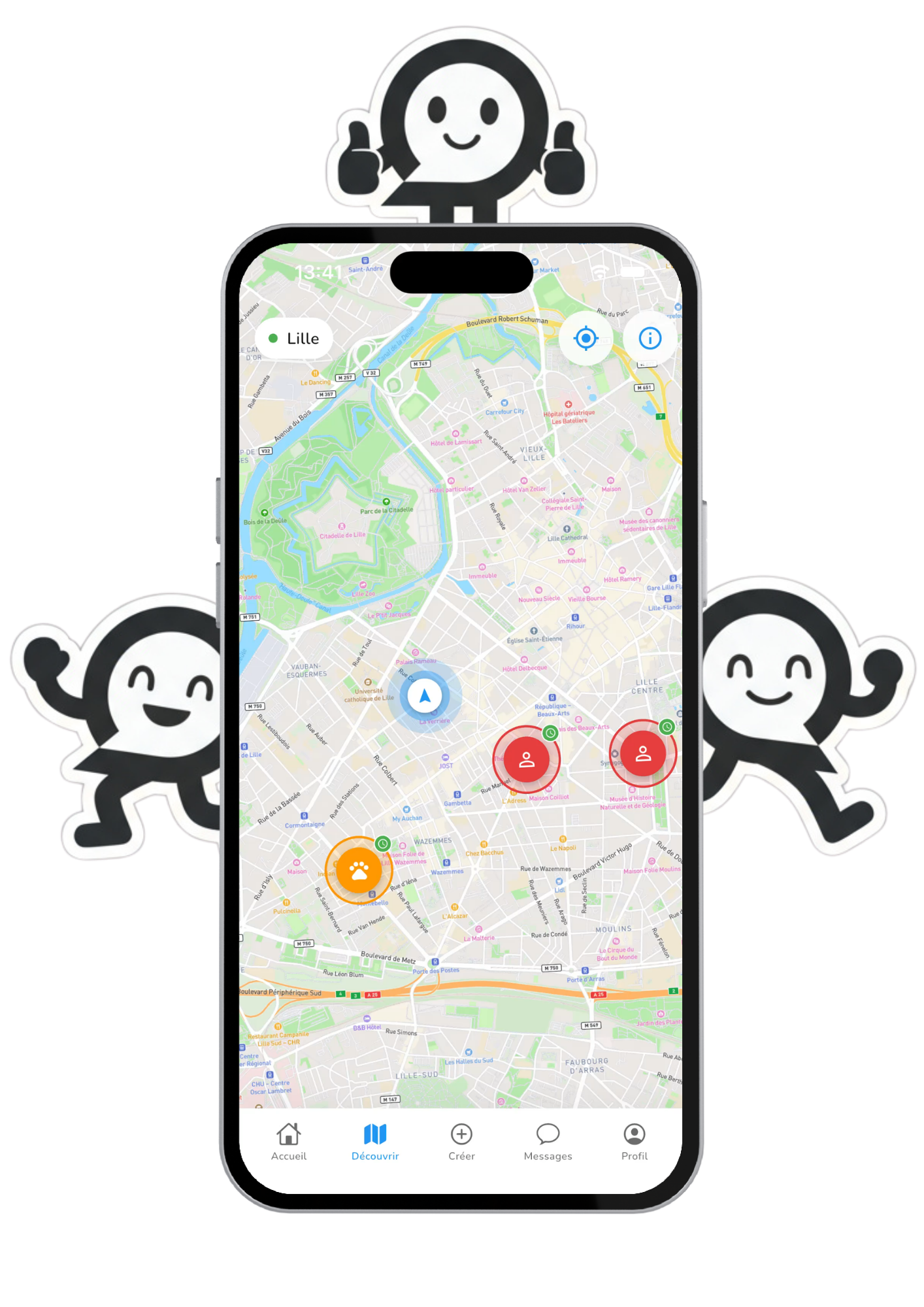 Une capture d'écran d'une application de géolocalisation sur un smartphone, montrant une carte de Lille, avec des icônes de différents utilisateurs, dont un en rouge, un en orange avec une patte, et deux en vert, sur un fond noir avec des mascottes souriantes et des pouces levés autour.