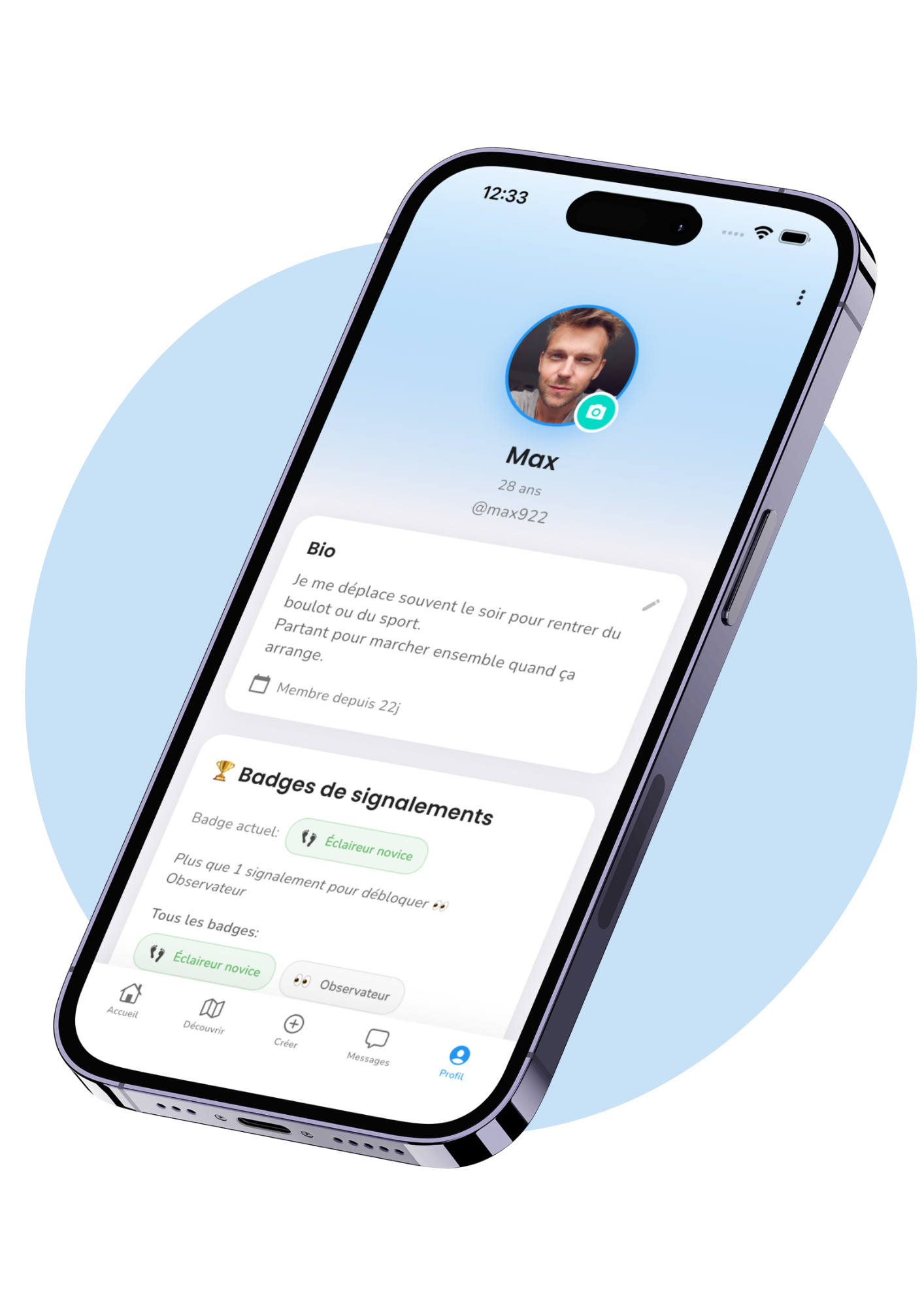 Capture d'écran d'un profil utilisateur sur une application mobile en français, affichant une photo de profil, le nom Max, l'âge 28 ans, le nom d'utilisateur @max922, une biographie, et des badges de signalements.