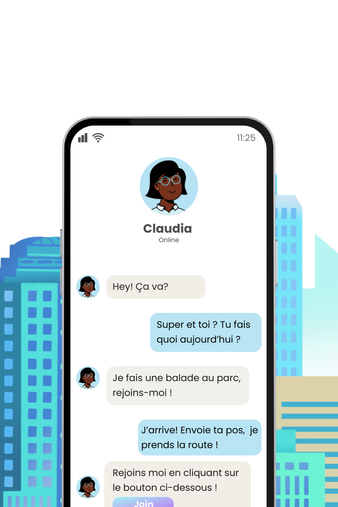 Écran d'une application de messagerie affichant une conversation entre deux personnes, dont une nommée Claudia, avec un fond de gratte-ciel urbain stylisé.