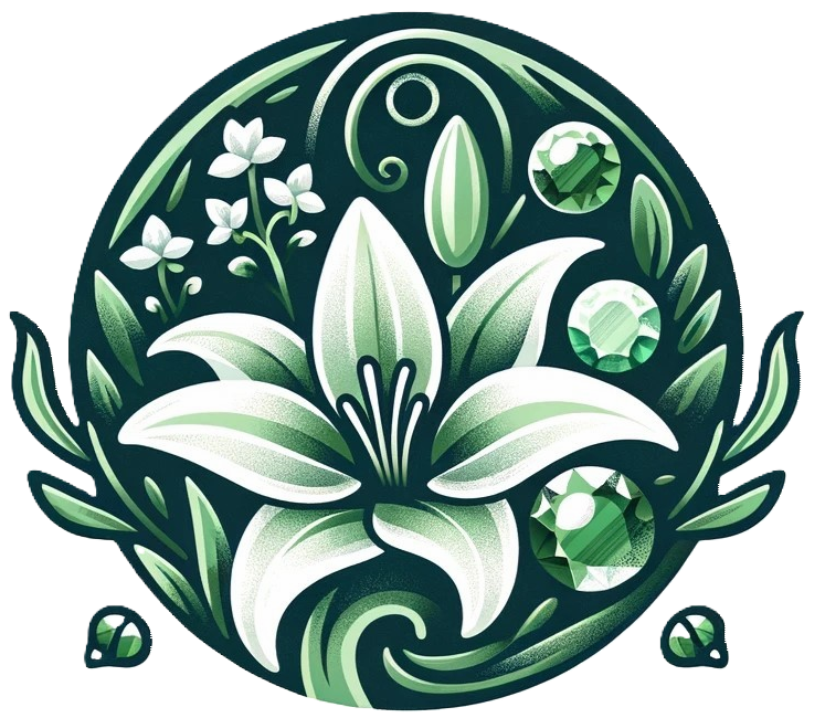 A circular, stylized illustration of a white lily flower with green leaves and vines, surrounded by small white flowers and green gemstones.