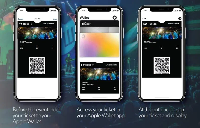 Three smartphones displaying steps for event ticket access via Apple Wallet app. First phone shows adding a ticket to Apple Wallet, second shows accessing the ticket in the app, third shows opening the ticket at the entrance.