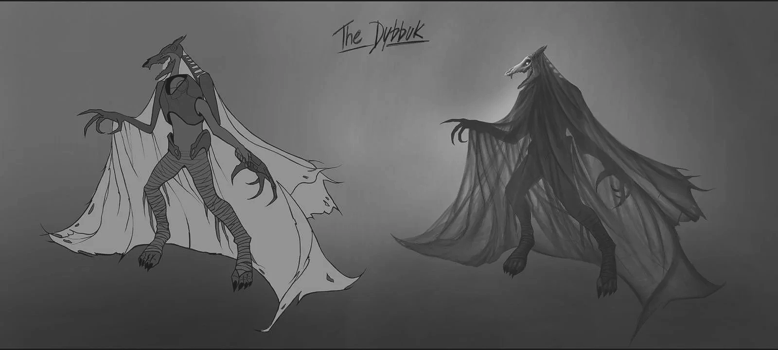 Concept art of the fictional creature 'The DyHuk,' featuring two different designs with dragon-like characteristics, one more detailed and the other more shadowy and mysterious.