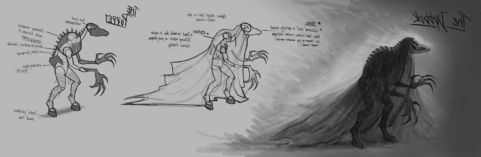 The image shows three stages of a creature design process: a detailed character sketch of a dinosaur-like monster with labels, a rough concept sketch of the creature with a cape, and a fully rendered black and white illustration of the creature with a cape in a dark, smoky setting.