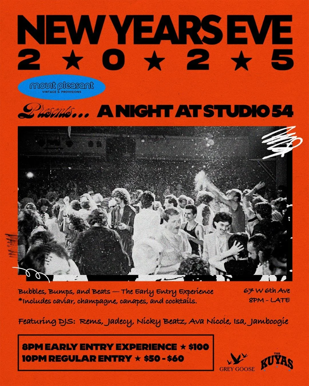 Mount Pleasant Vintage and Provisions Presents: A Night At Studio 54 🪩 

New Years Eve 2025 &mdash; celebrate with us as we say goodbye to one of our best and brightest years in the history of MPV!

Featuring an exclusive early-entry experience at 8
