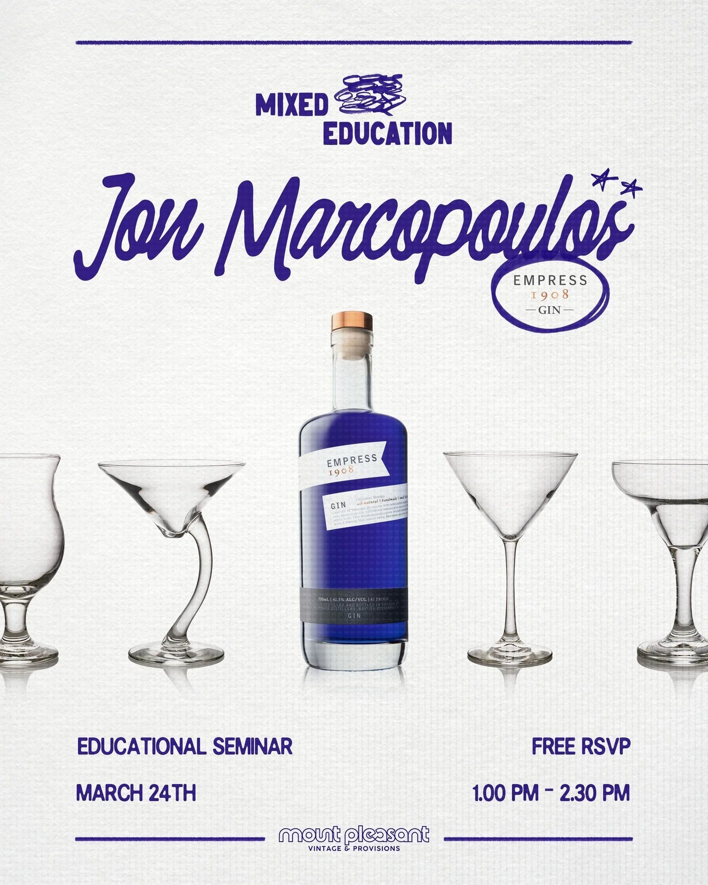Calling all industry friends and gin enthusiasts ⚡ 

Mixed Education is back with another one &mdash; an @empress1908gin Educational Seminar!

Join us for an educational seminar with Jon Marcopoulos (@ambassador.jon) from Empress 1908 Gin, exploring 