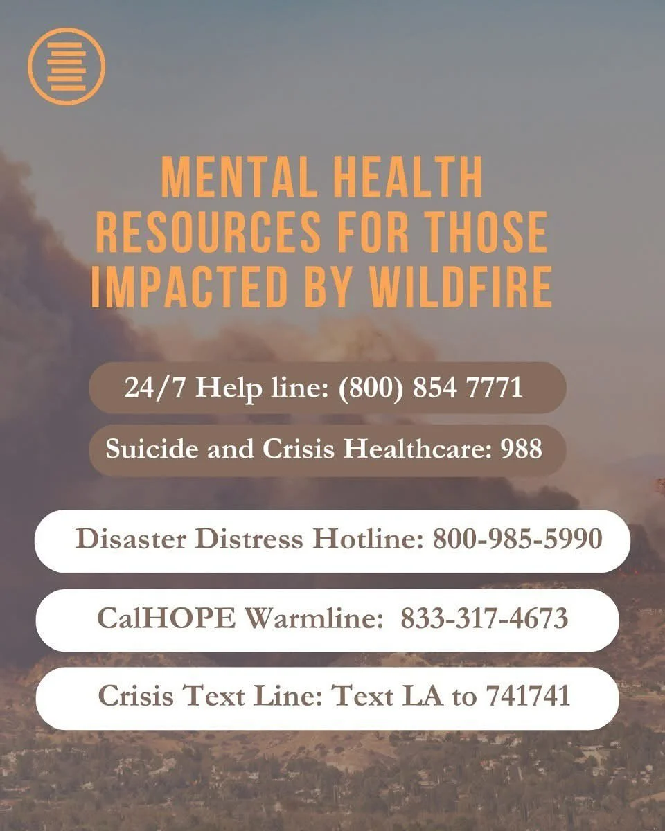 Here is a list of resources compiled by the Orange County Shrinks Facebook group for those impacted by the Los Angeles fires. Please pass along this information to anyone who might be in need 🧡 

I&rsquo;ve summarized descriptions of the hotlines be