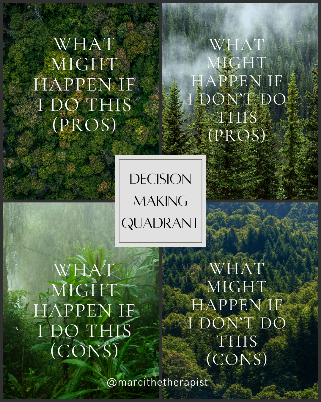 A four-quadrant decision-making guide overlaying images of forest and greenery, with text: top-left "What might happen if I do this (pros)"; top-right "What might happen if I don't do this (pros)"; bottom-left "What might happen if I do this (cons)"; bottom-right "What might happen if I don't do this (cons)"; center "Decision Making Quadrant" with @marcithetherapist.