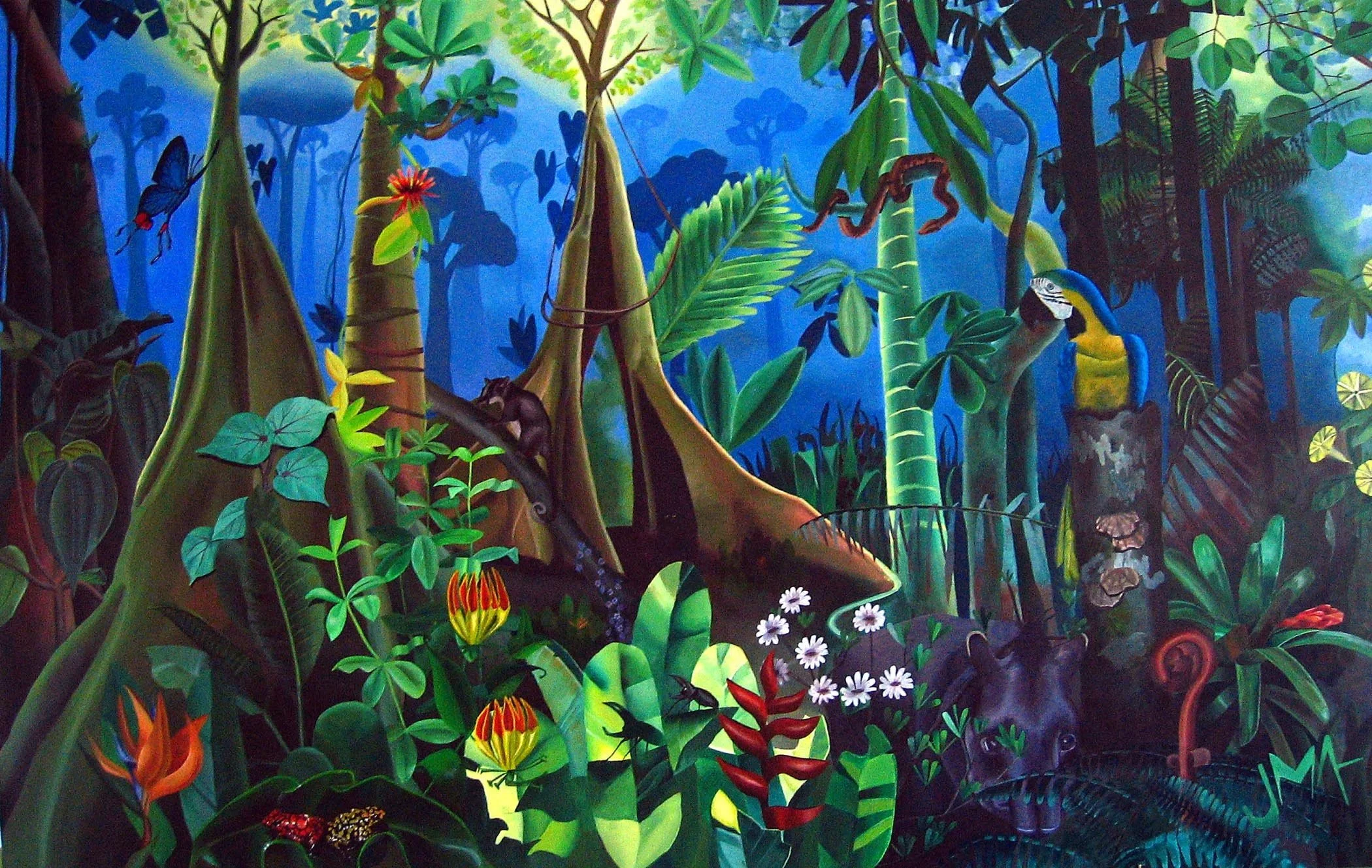 Colorful mural of a lush jungle scene with trees, plants, insects, and animals including a snake, numerous birds, a butterfly, and a chameleon.