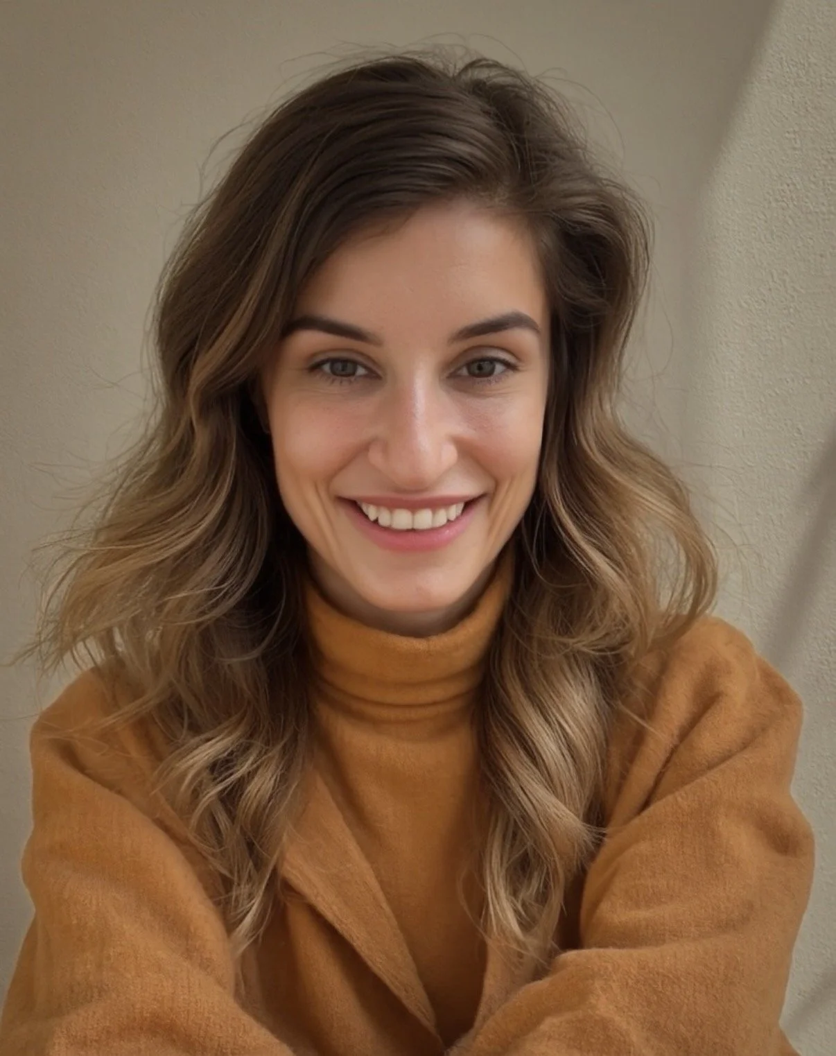 A young woman with wavy brown hair and fair skin smiling, wearing a brown turtleneck sweater, against a beige wall.