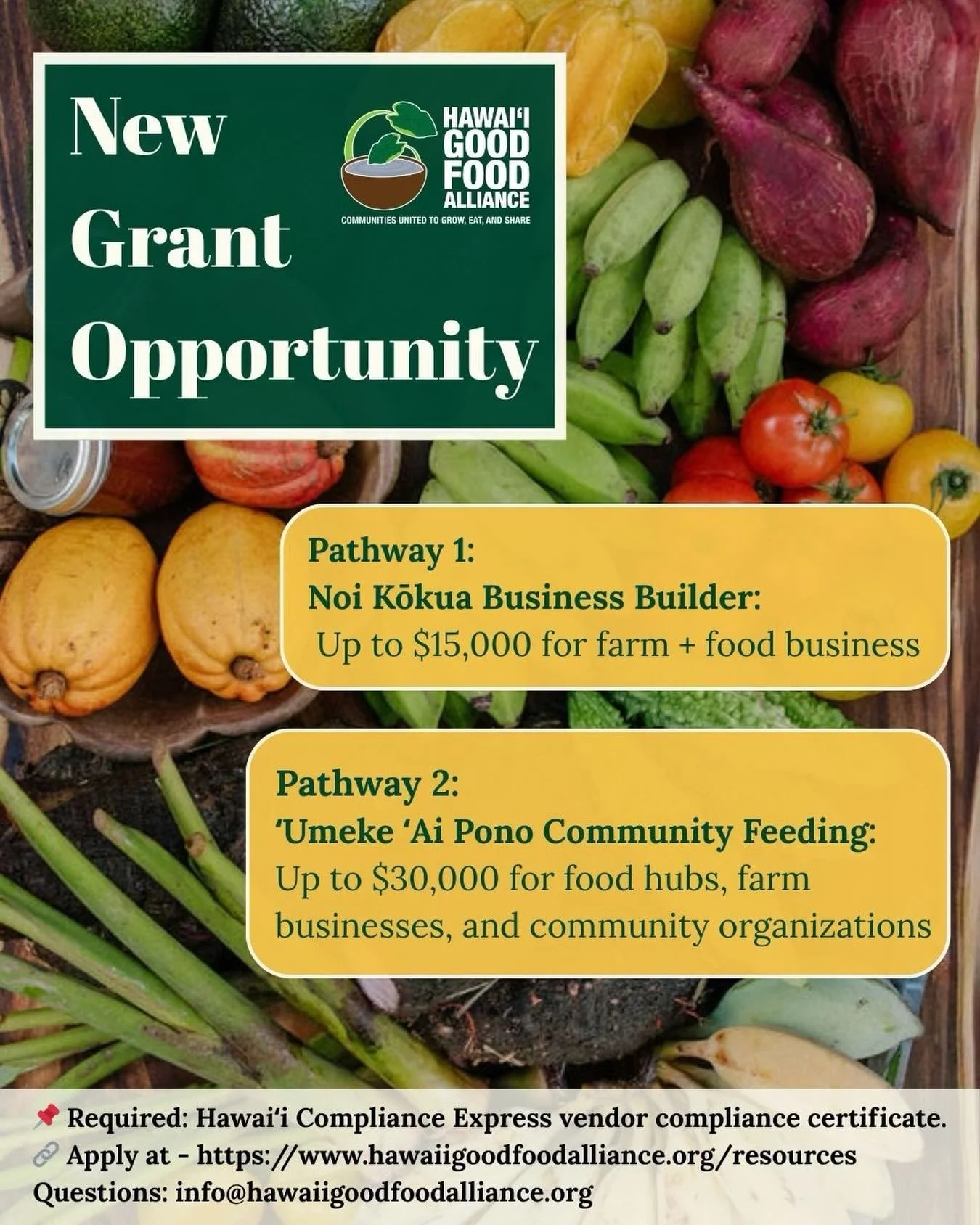 **NEW DEADLINE: April 10, 2026 at 11:59pm HST** Growing Hawaiʻi Together Grant Opportunity 🌱

HGFA is opening TWO grant pathways: Noi Kōkua and &lsquo;Umeke ʻAi Pono. This approach acknowledges the importance of supporting producers who have dedicat