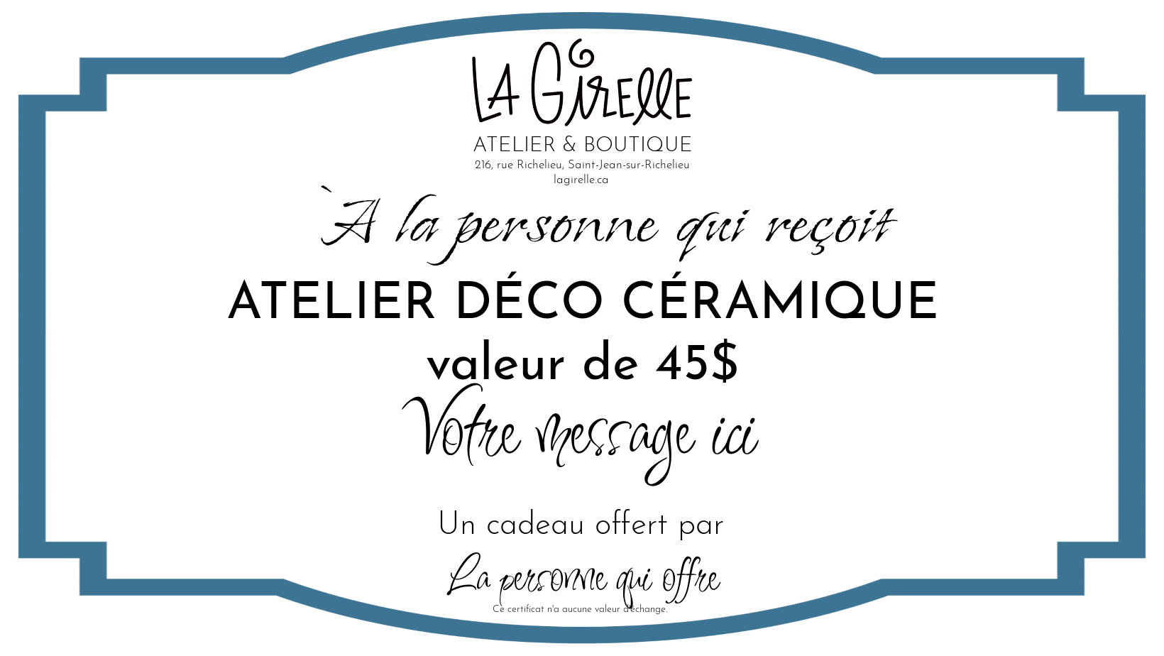 Certificat cadeau pour un atelier Déco Céramique d'une valeur totale de 45$