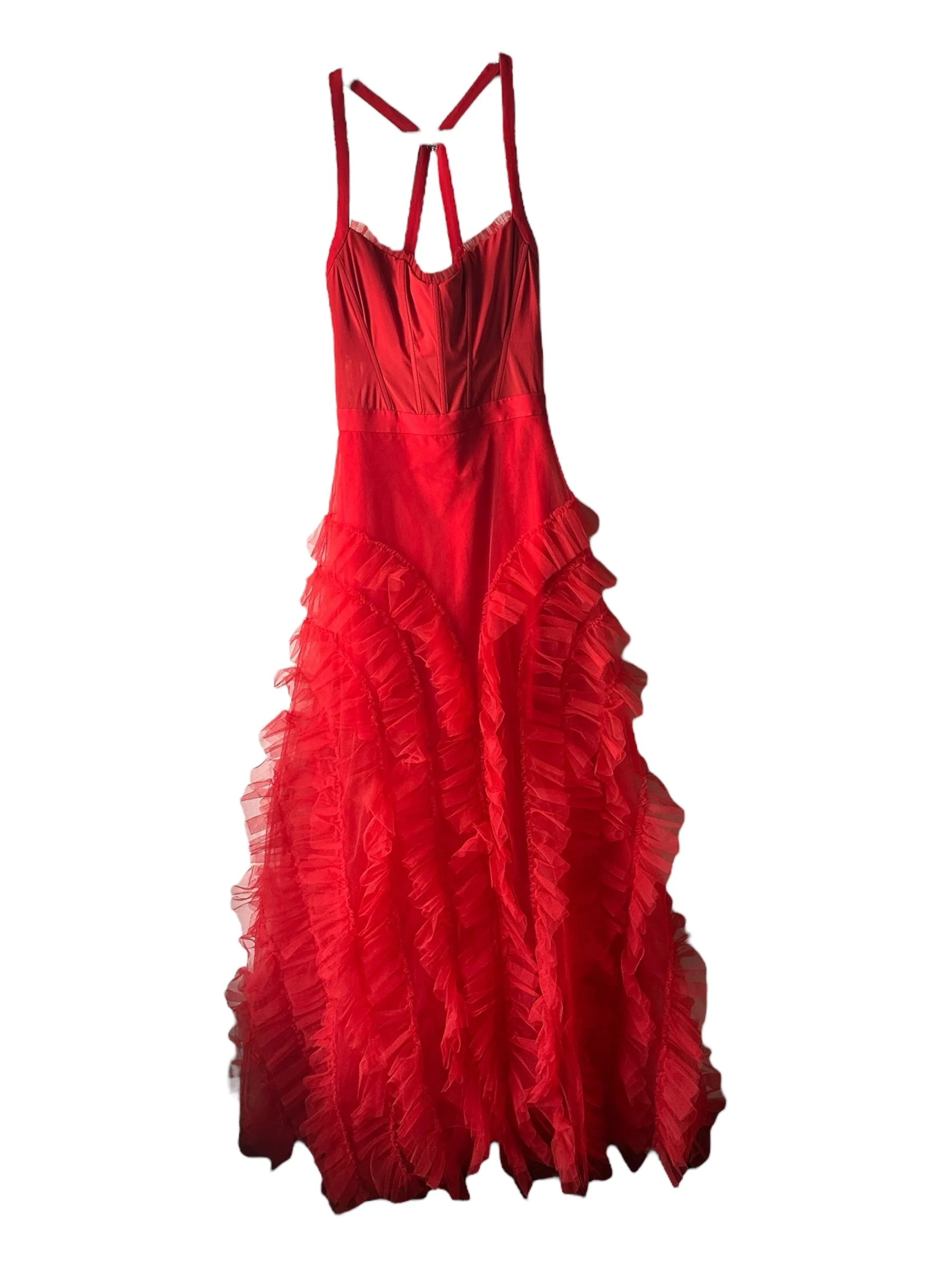 BCBGMAXAZRIA RED TULLE RUFFLE DRESS | SIZE 6