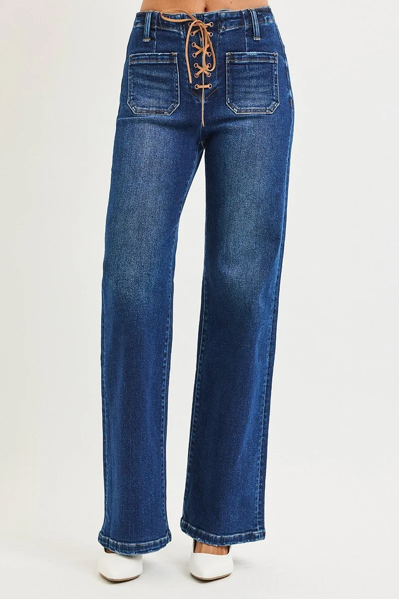RISEN Full Size High Rise Wide Leg Jeans with Front Tie Detail