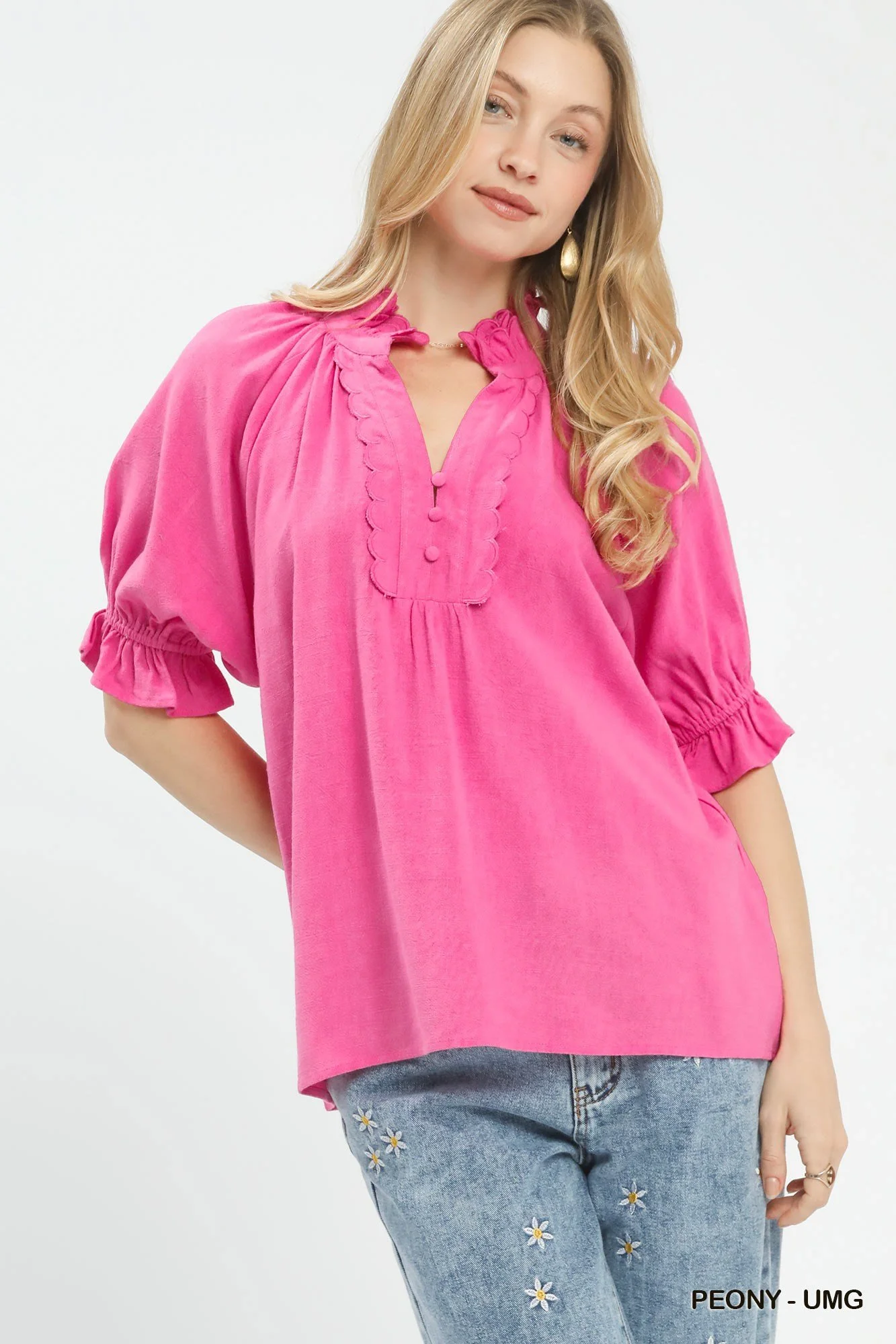 Linen Scalloped Ruffle Neck Blouse