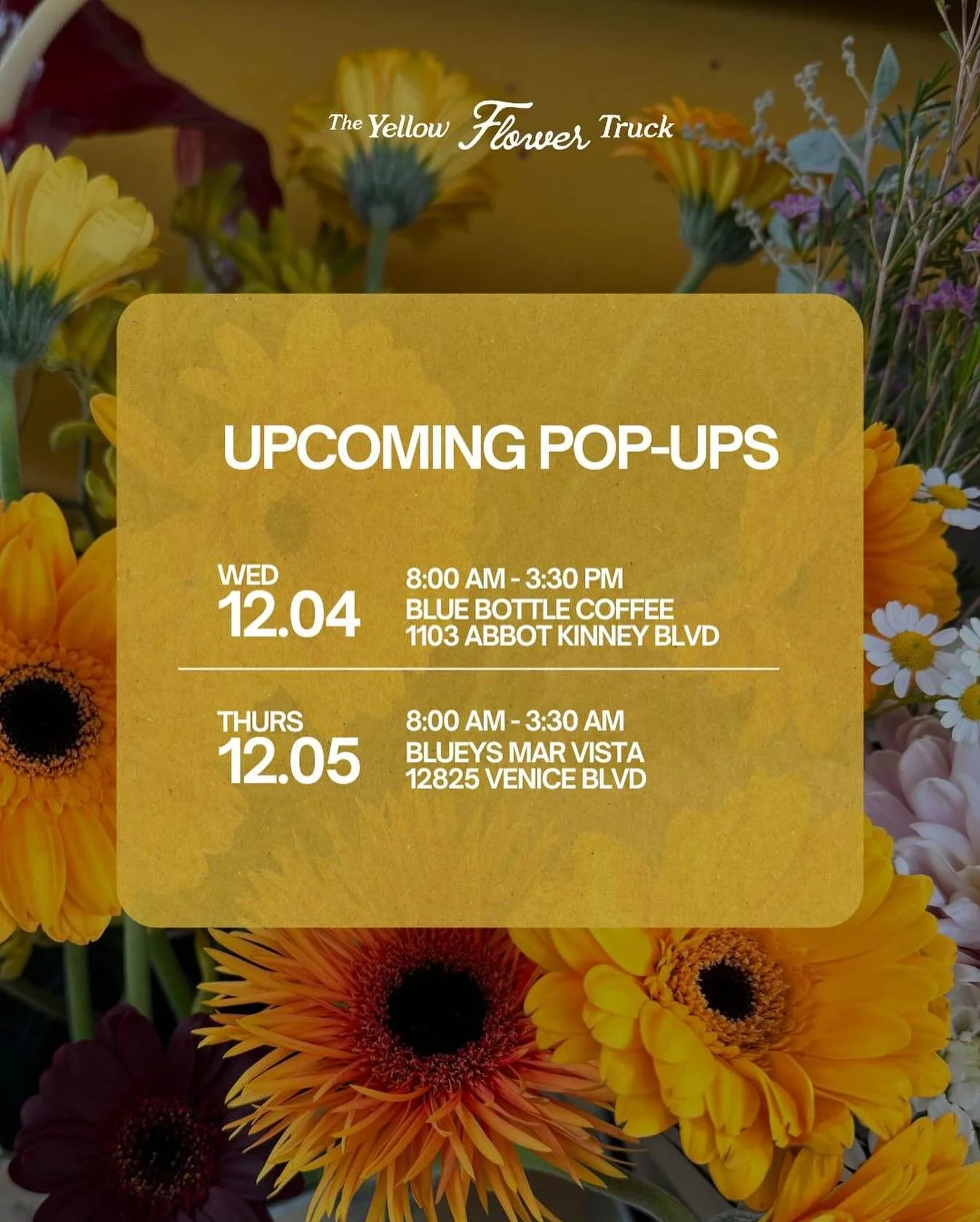 Send this to a friend you&rsquo;d sneak out of work with for a quick flower run. Hope to see you this week! 🌸
#theyellowflowertruck #flowertruck #losangelesflowertruck #laflowertruck #florist #losangelesflorist #freshflowers