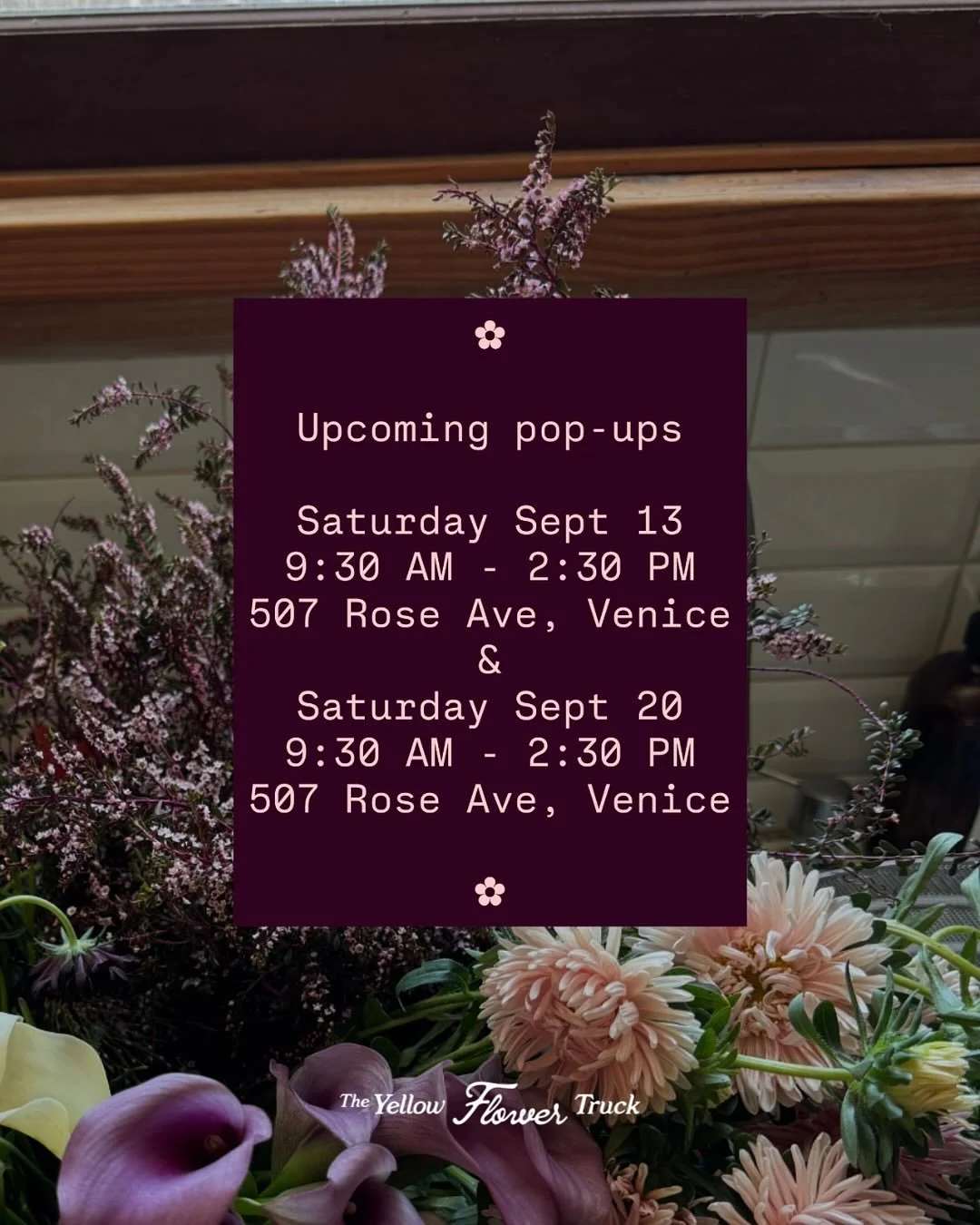 What are you doing this weekend? Let&rsquo;s brighten your space with fresh flowers. 🌼 
 
Saturday, Sept 16
9:30 AM - 2:30 PM
507 Rose Ave, Venice 
@moonjuice ✨
✿ Grab and go premade bouquets 
✿ Build your own bouquet bar

#theyellowflowertruck