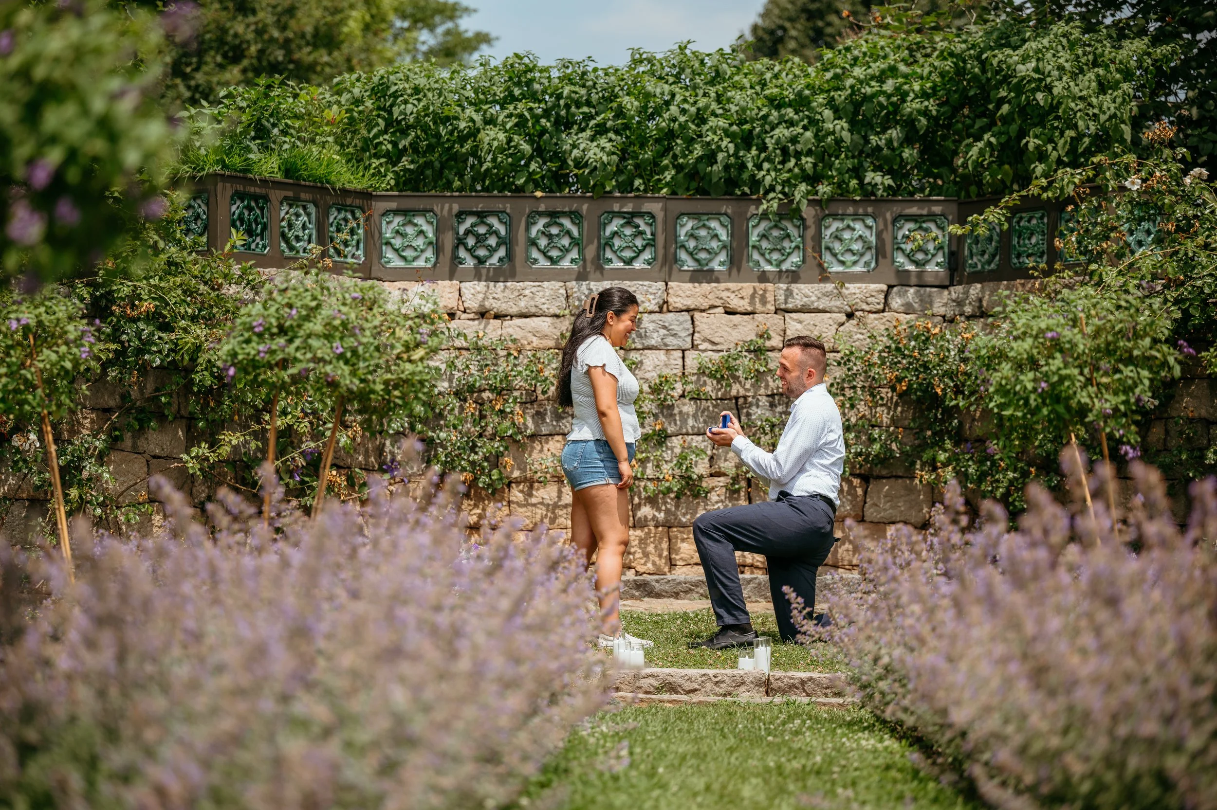 A man proposing marriage to a woman in a garden, with the man kneeling on one knee holding a ring, and the woman smiling, surrounded by lavender bushes and greenery.
