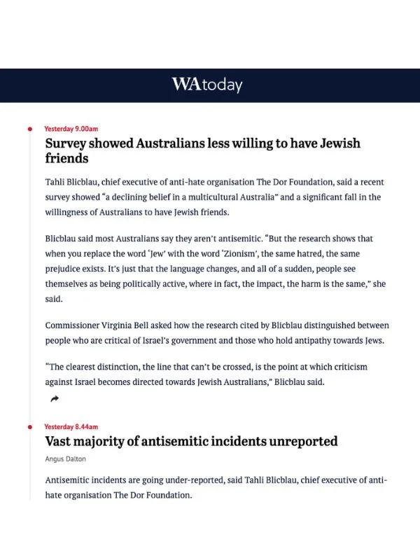       
  
    Australian Jewish News, 11 May 2026   ‘No one in this whole sorry story has been held accountable’   By AJN Staff  Read the article online at Australian Jewish News      Dor Foundation CEO: Antisemitism didn’t begin on October 7    Anti