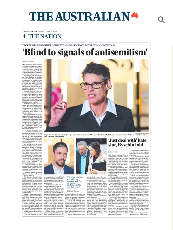       
  
    The Australian, 11 May 2026  Jewish artists tell royal commission how boycott campaigns and doxxing stunted careers  By James Dowling  Read the article online at The Australian   Most Australians don’t recognise antisemitic tropes despi