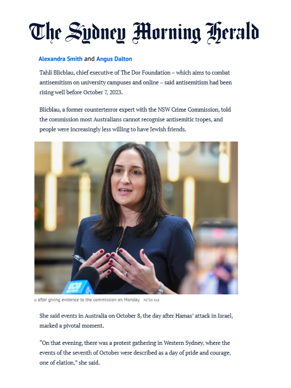       
  
    Sydney Morning Herald, 11 May 2026  ‘Is this 2023 Australia, or 1933 Berlin?’ Deborah Conway stunned by pro-Palestinian protesters  By Alexandra Smith and Angus Dalton  Read the article online at The Sydney Morning Herald   Singer-songw