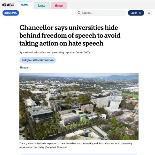 Screenshot of a news article titled "Chancellor says universities hide behind freedom of speech to avoid taking action on hate speech." The article is about religious discrimination, published 5 hours ago, with a photo of an aerial view of a city with multiple buildings and green trees.
