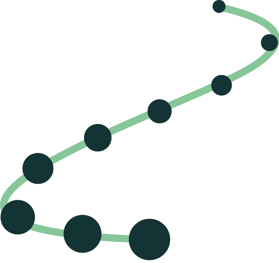 A stylized representation of a DNA double helix structure, with a light green strand and black circular base pairs.